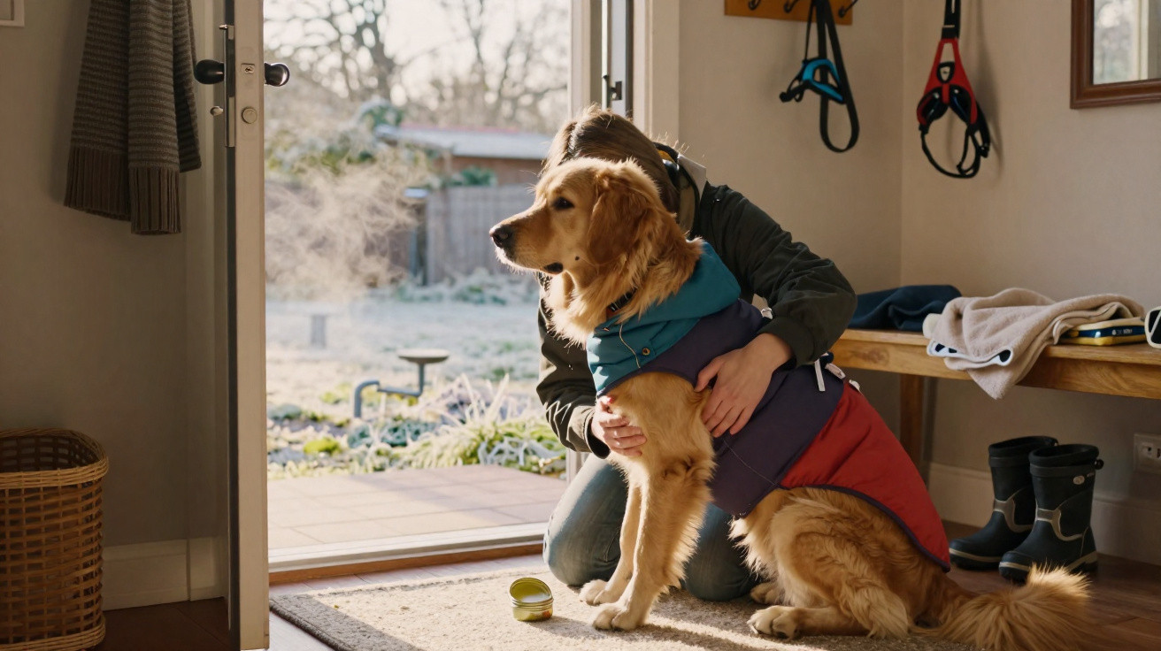 Pessoa a vestir um casaco de inverno colorido a um cão Golden Retriever junto à porta aberta de casa.