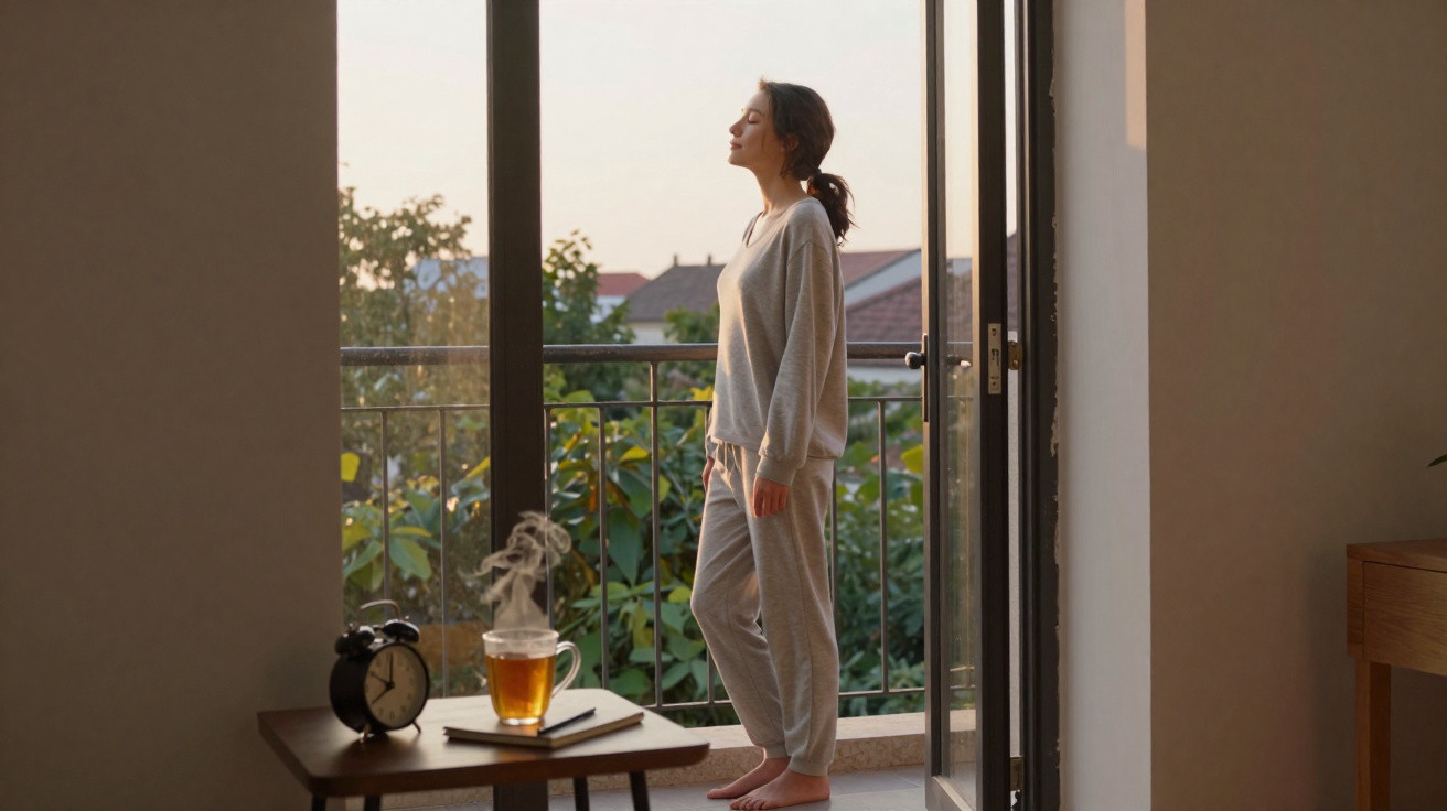 Mulher de pijama cinzento contempla a vista do terraço ao amanhecer com chá na mesa ao lado.