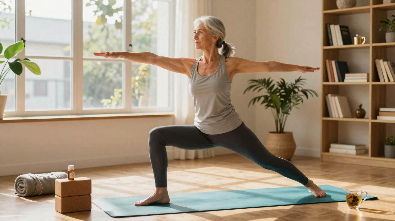 Mulher sénior praticando yoga na posição guerreiro numa sala iluminada e decorada com plantas.