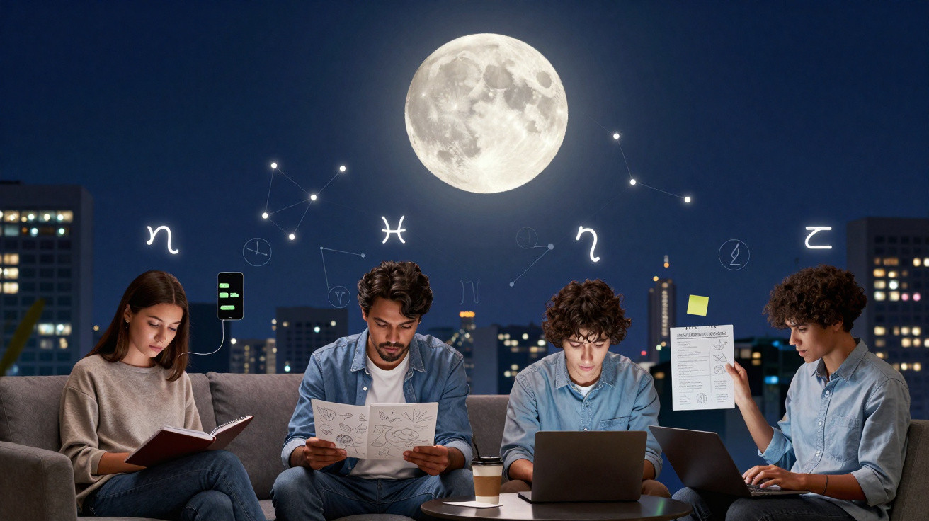 Quatro jovens sentados a estudar com laptop e livros, sob a lua cheia e signos astrológicos no céu noturno.