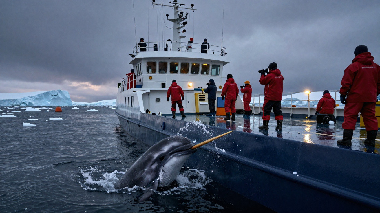 Exploradores em roupa térmica observam golfinho junto a navio em águas geladas com iceberg ao fundo.