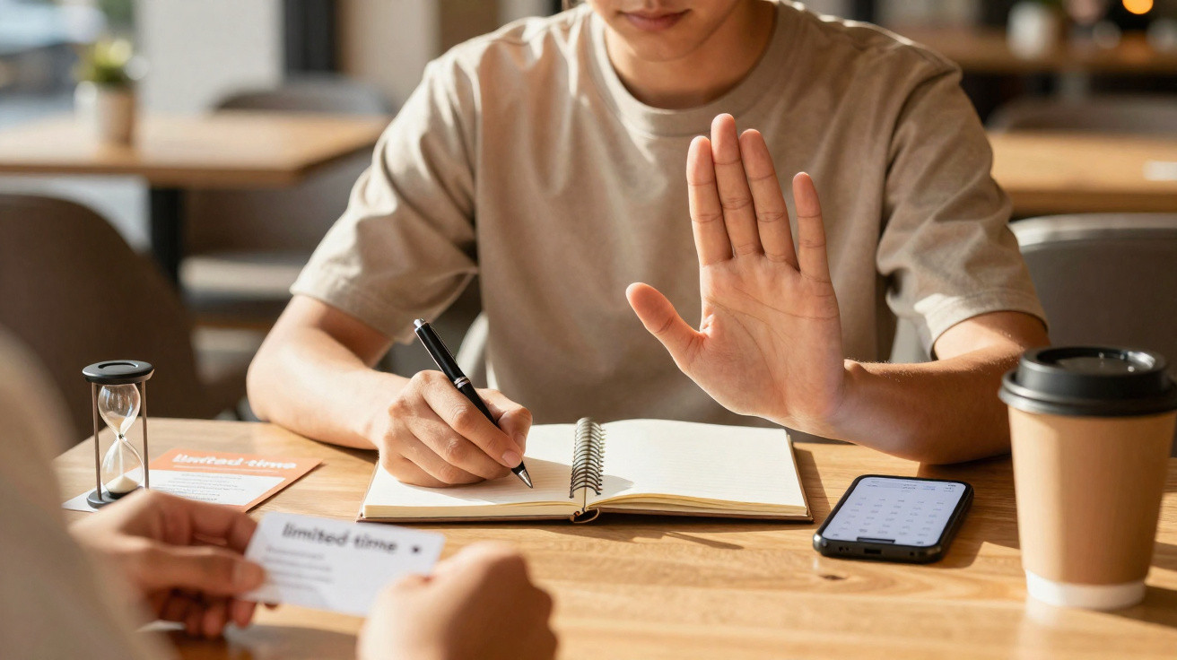 Pessoa a recusar cartão enquanto escreve numa agenda, com smartphone e copo de café numa mesa.