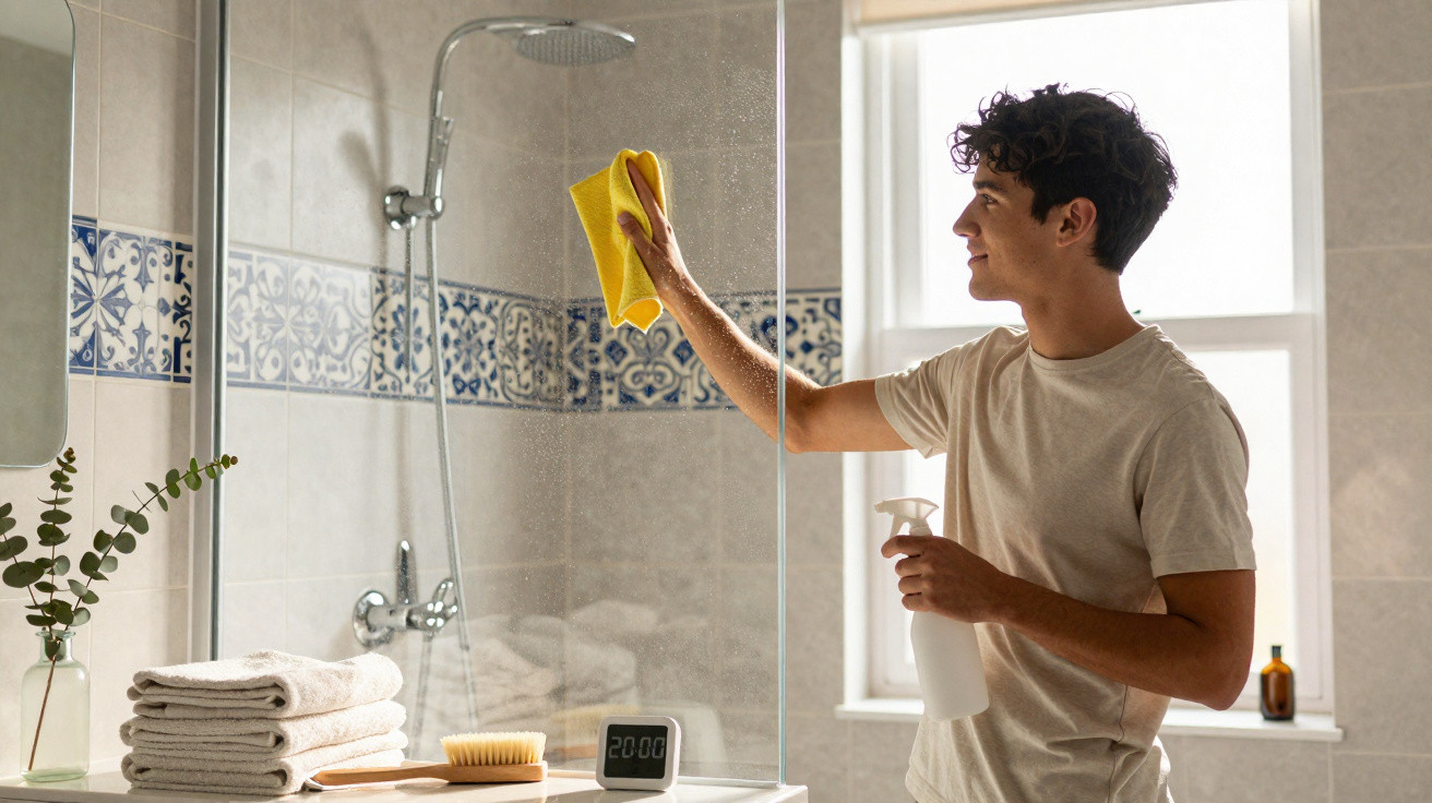 Homem jovem a limpar o vidro da cabine de duche com um pano amarelo e um produto de limpeza no banheiro.