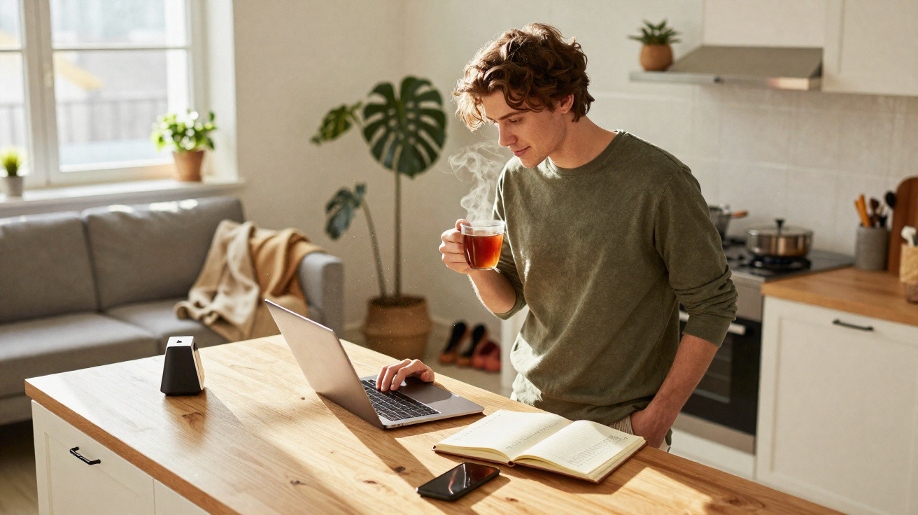 Homem jovem em cozinha moderna, usa portátil e bebe chá quente enquanto lê um caderno aberto.