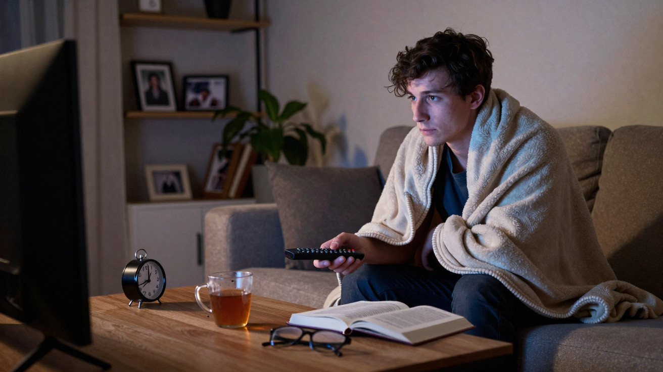 Jovem com manta no sofá a ver televisão, com livro aberto, chá e despertador numa mesa de madeira.