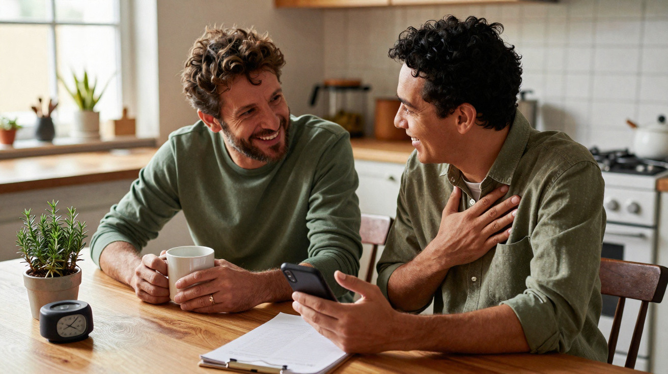 Dois homens sorridentes conversam animadamente numa cozinha, um segura um telemóvel e o outro uma chávena.