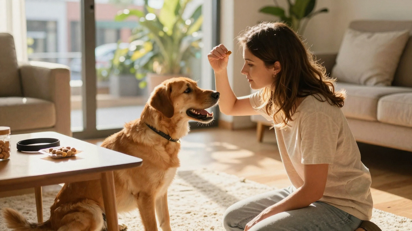 Mulher sentada no chão a treinar um cão golden retriever num ambiente iluminado e acolhedor.