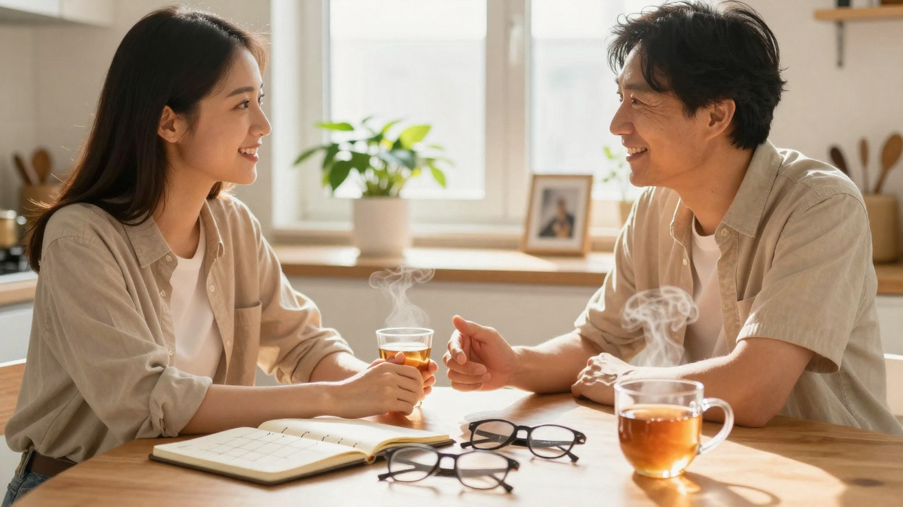 Casal asiático a conversar sorridente à mesa com chá quente e agenda aberta numa sala iluminada.
