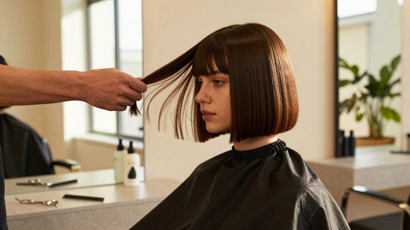 Mulher com cabelo castanho liso a ser penteada num salão de cabeleireiro, usando capa preta.