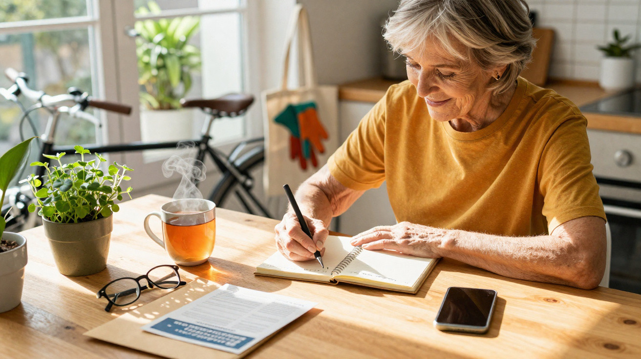 Mulher sénior a escrever num caderno à mesa com chá, plantas, óculos, telemóvel e documentos.