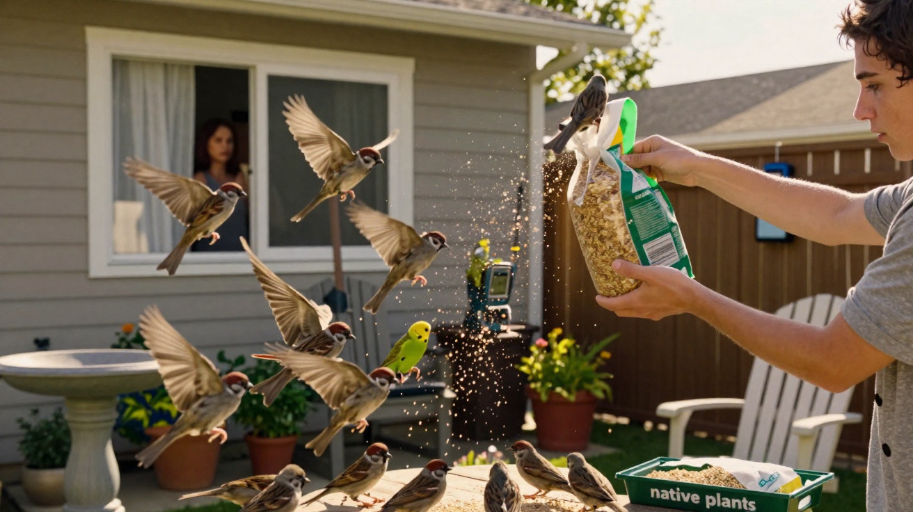 Jovem a alimentar pássaros no jardim de uma casa, com várias aves no ar e no chão a comer.