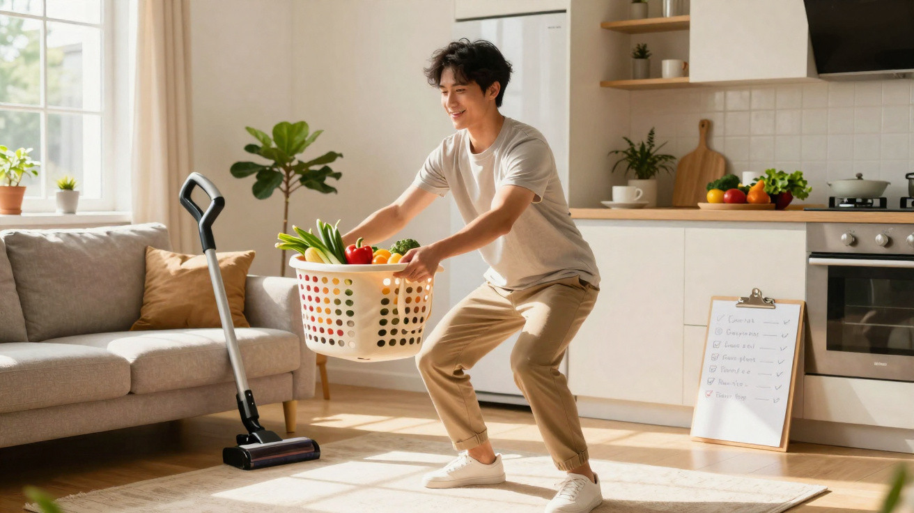 Homem a fazer agachamento com cesto de roupa cheio de legumes numa sala luminosa e moderna.