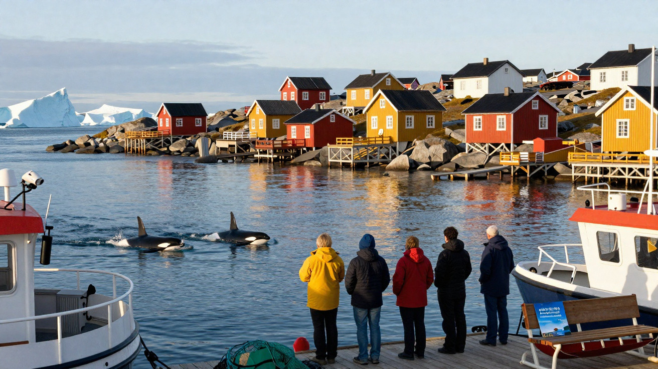 Pessoas observam orcas nadando perto de casas coloridas à beira-mar com icebergs ao fundo.