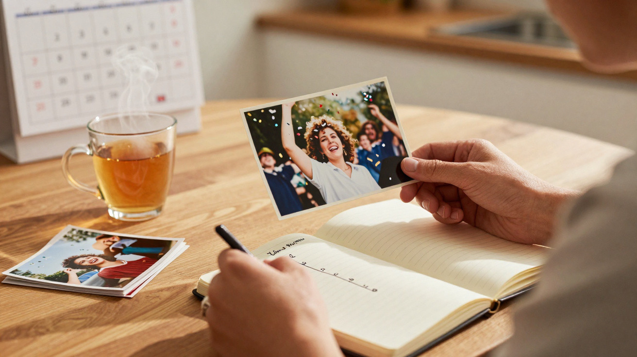 Pessoa segura fotografia e escreve num diário numa mesa com chá e calendário ao fundo.