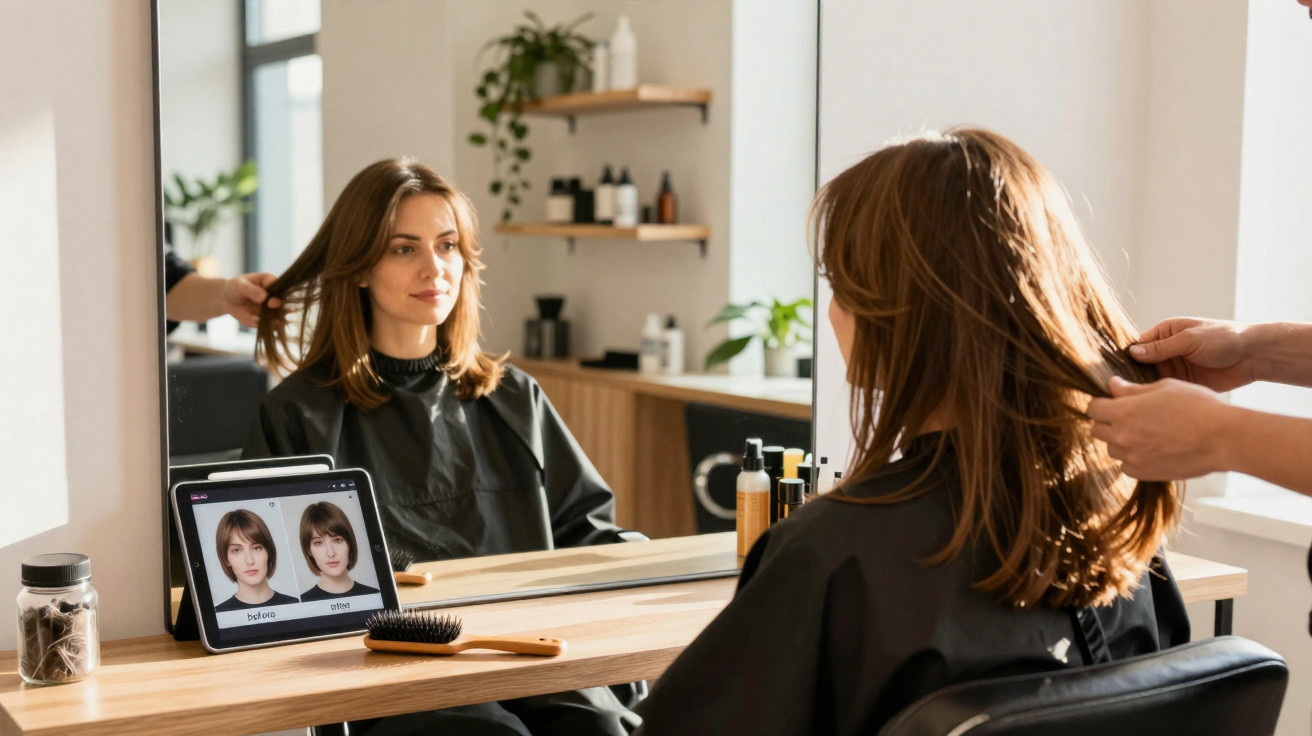 Mulher sentada no cabeleireiro a ver opções de corte de cabelo numa tablet.