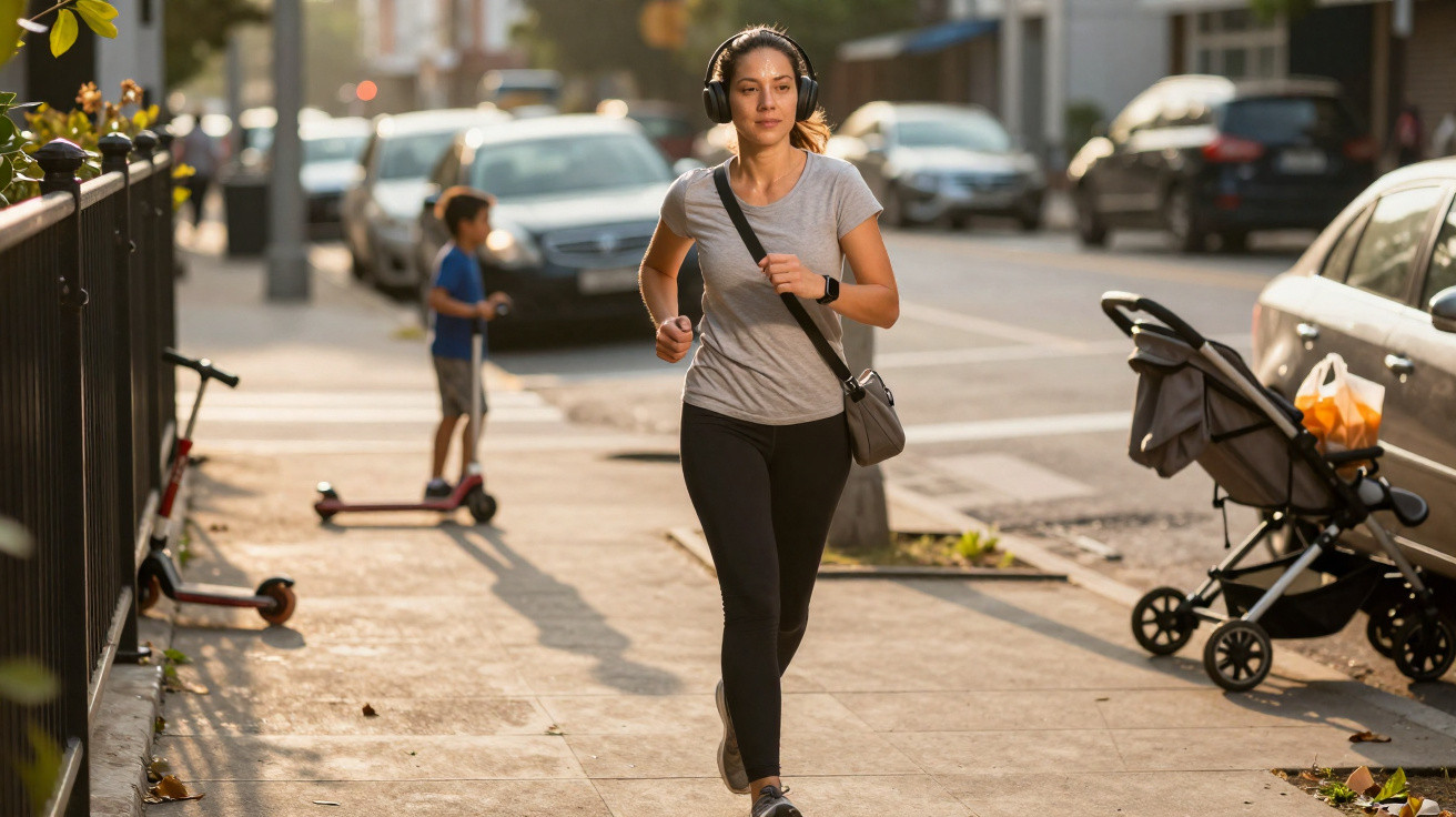 Mulher a correr na calçada de uma rua urbana, com auscultadores e criança a brincar num patinete ao fundo.