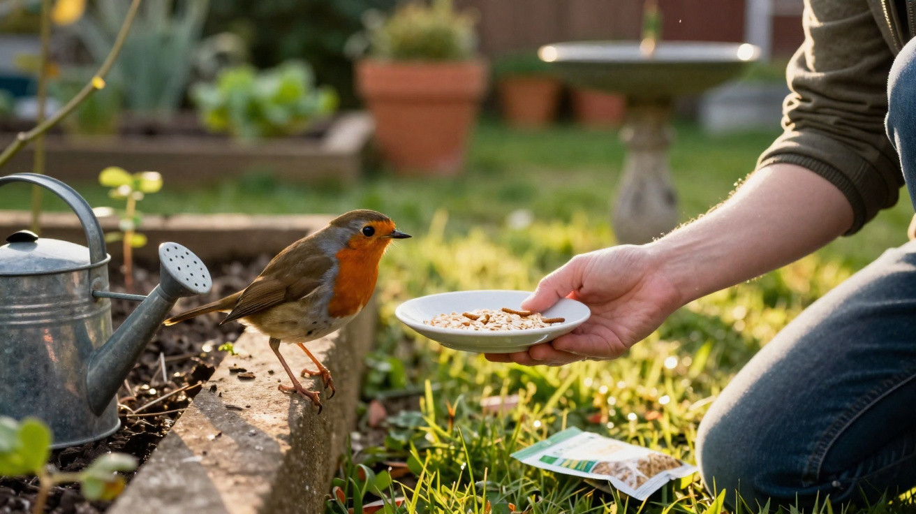 Pássaro com peito vermelho pousado numa borda, com mão humana oferecendo prato de comida num jardim.