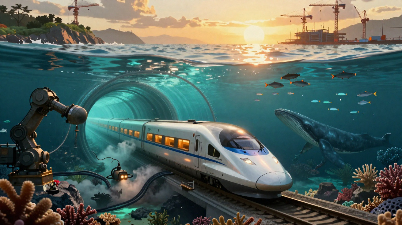 Comboio futurista a sair de um túnel subaquático com vida marinha e construção no horizonte ao pôr do sol.