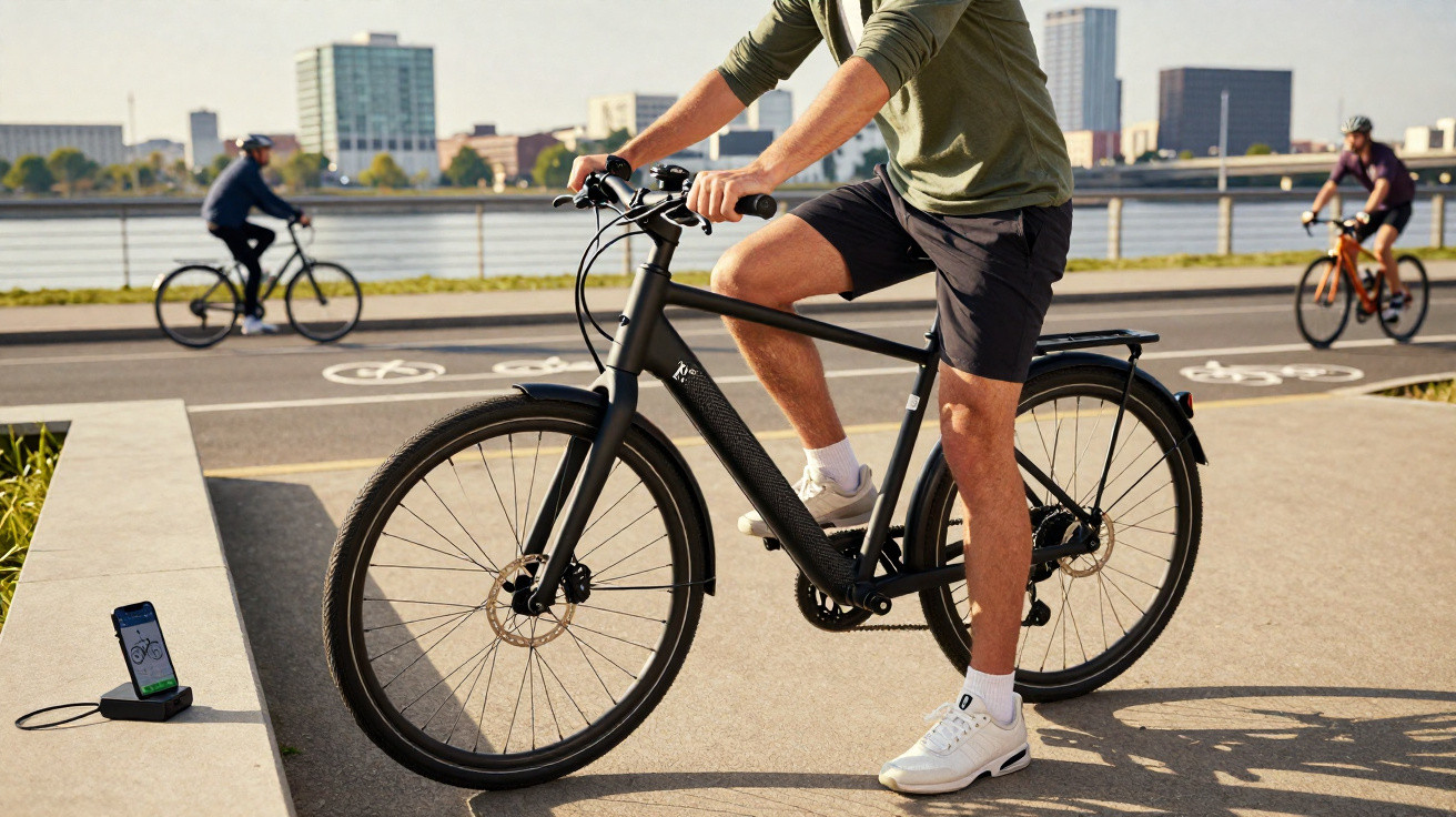 Pessoa em bicicleta elétrica preta junto a smartphone num suporte, com ciclistas e cidade ao fundo.