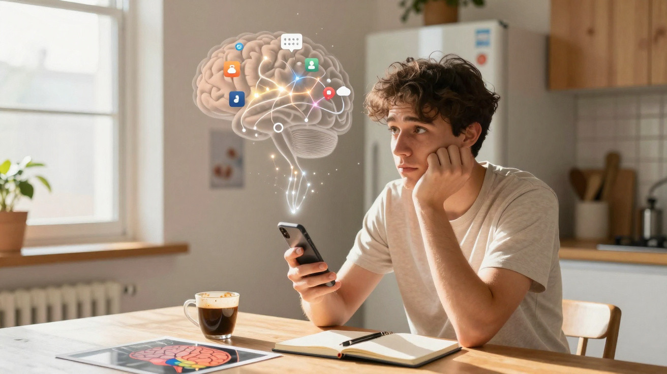 Jovem pensativo com telemóvel, cérebro digital e ícones de redes sociais flutuantes na cozinha.