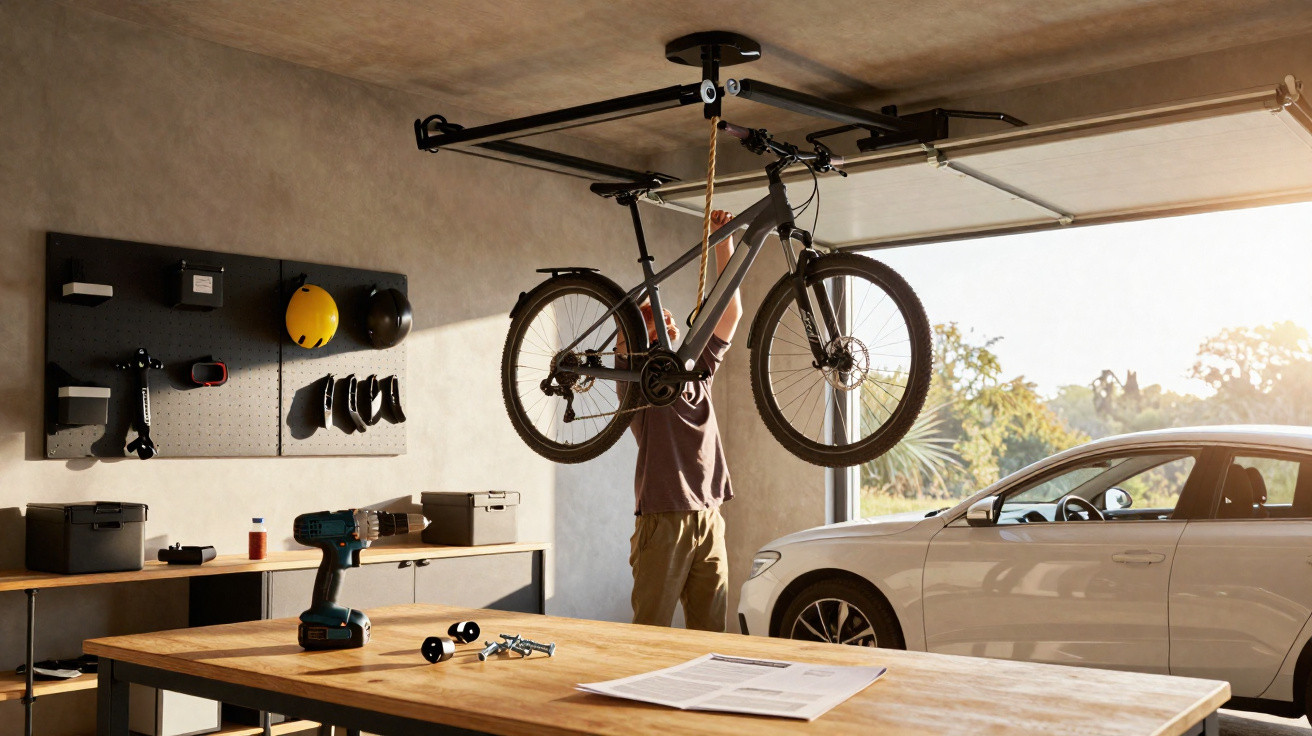 Garagem com bicicleta suspensa no teto, homem a arrumar e carro estacionado junto à janela aberta.