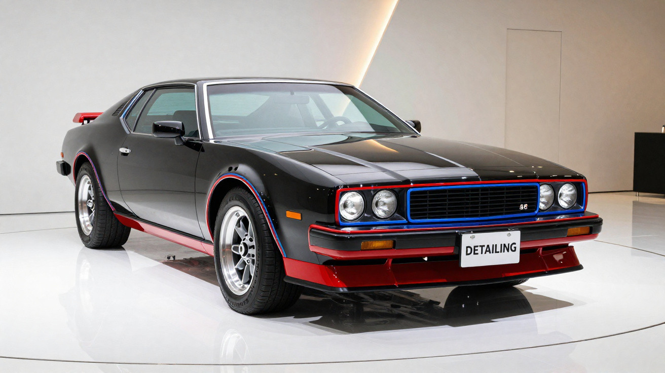 Carro desportivo clássico preto e vermelho, com matrícula "DETAILING", em exibição num espaço moderno e minimalista.