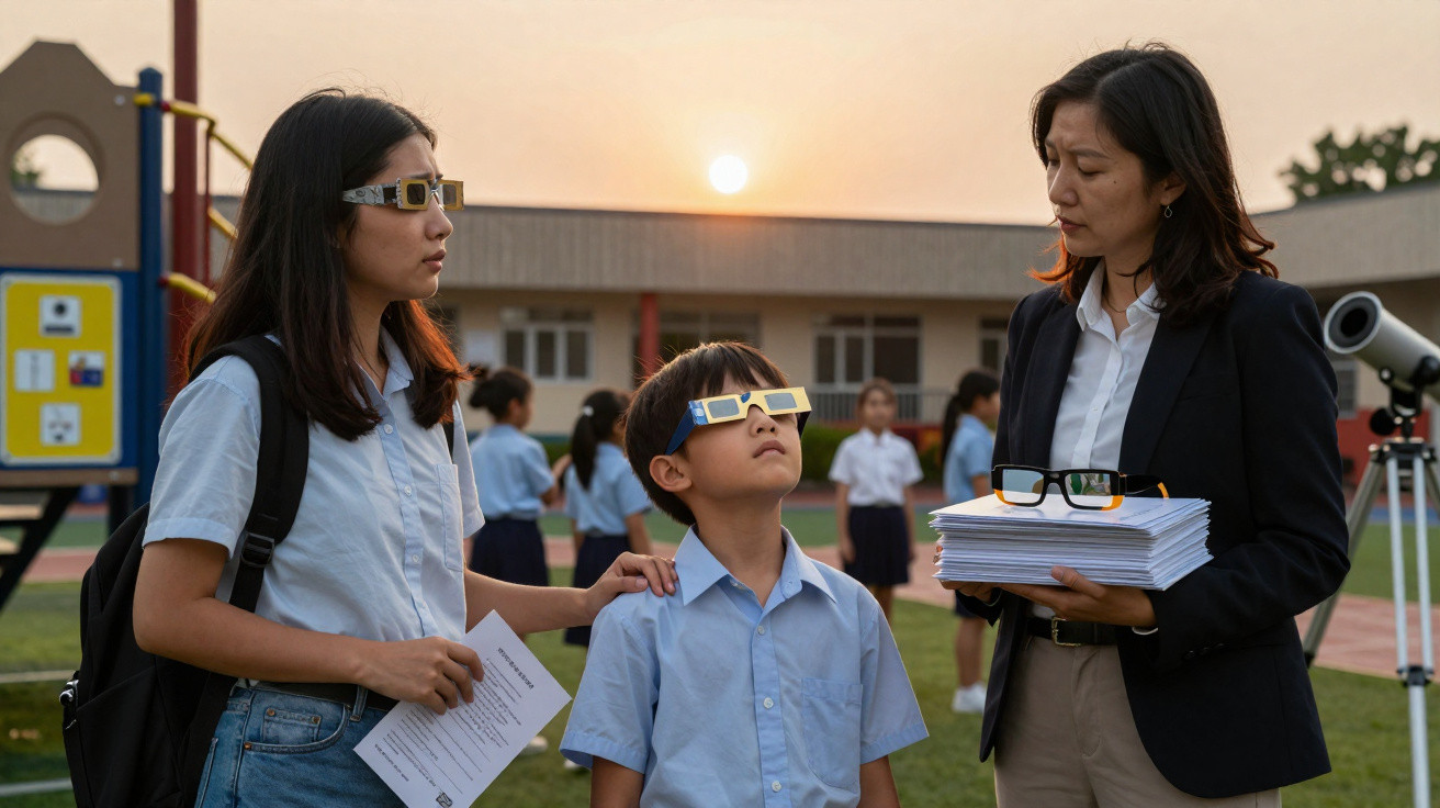 Criança e adultos com óculos especiais observam o eclipse solar numa escola ao pôr do sol.