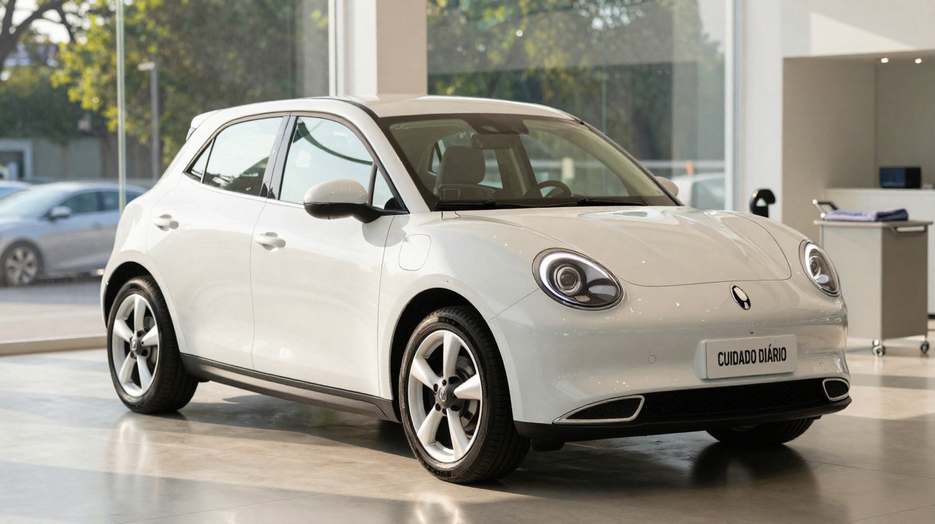 Carro elétrico branco compacto estacionado num showroom com grande janela e luz natural.