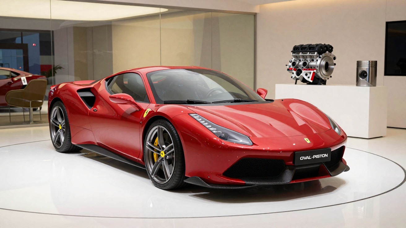 Carro desportivo Ferrari vermelho exposto em sala moderna com motor e pistão em pedestal atrás.