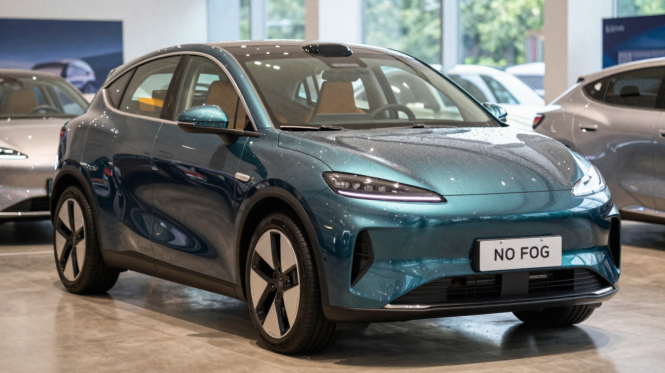 Carro elétrico azul metálico estacionado em exposição numa sala bem iluminada.