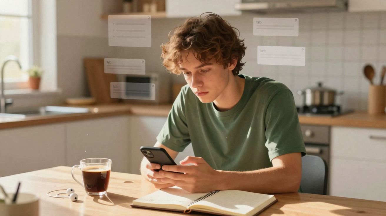 Jovem sentado à mesa da cozinha a usar telemóvel com caderno aberto e chá ao lado durante o dia.