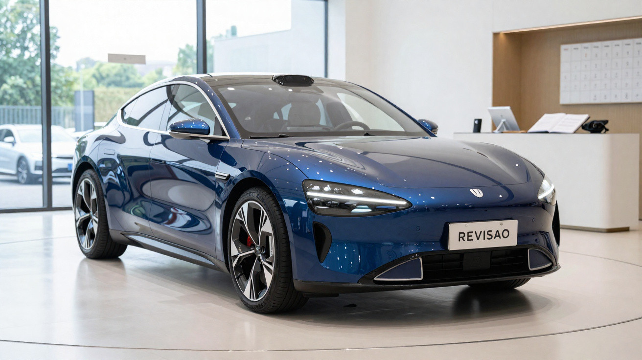 Carro elétrico desportivo azul estacionado num showroom moderno e iluminado.