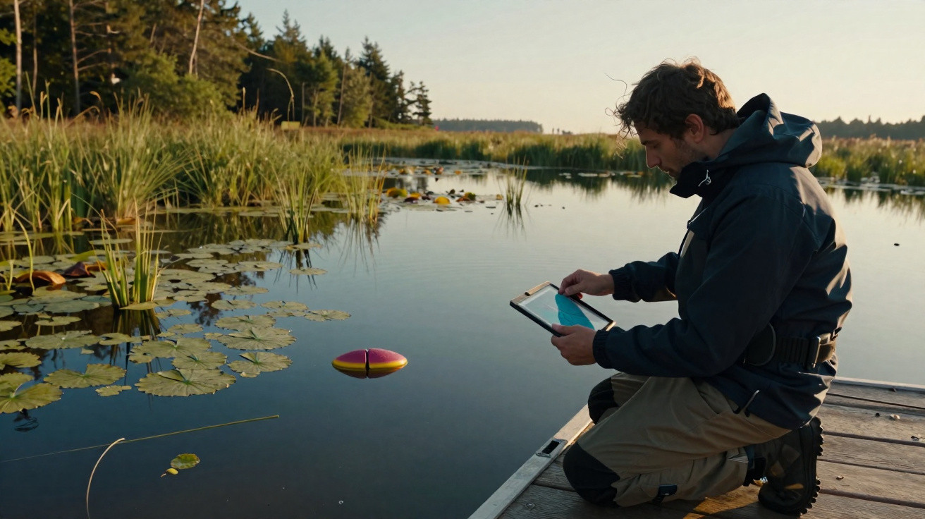 Homem com tablet junto a lagoa com plantas aquáticas, recolhendo dados ambientais.