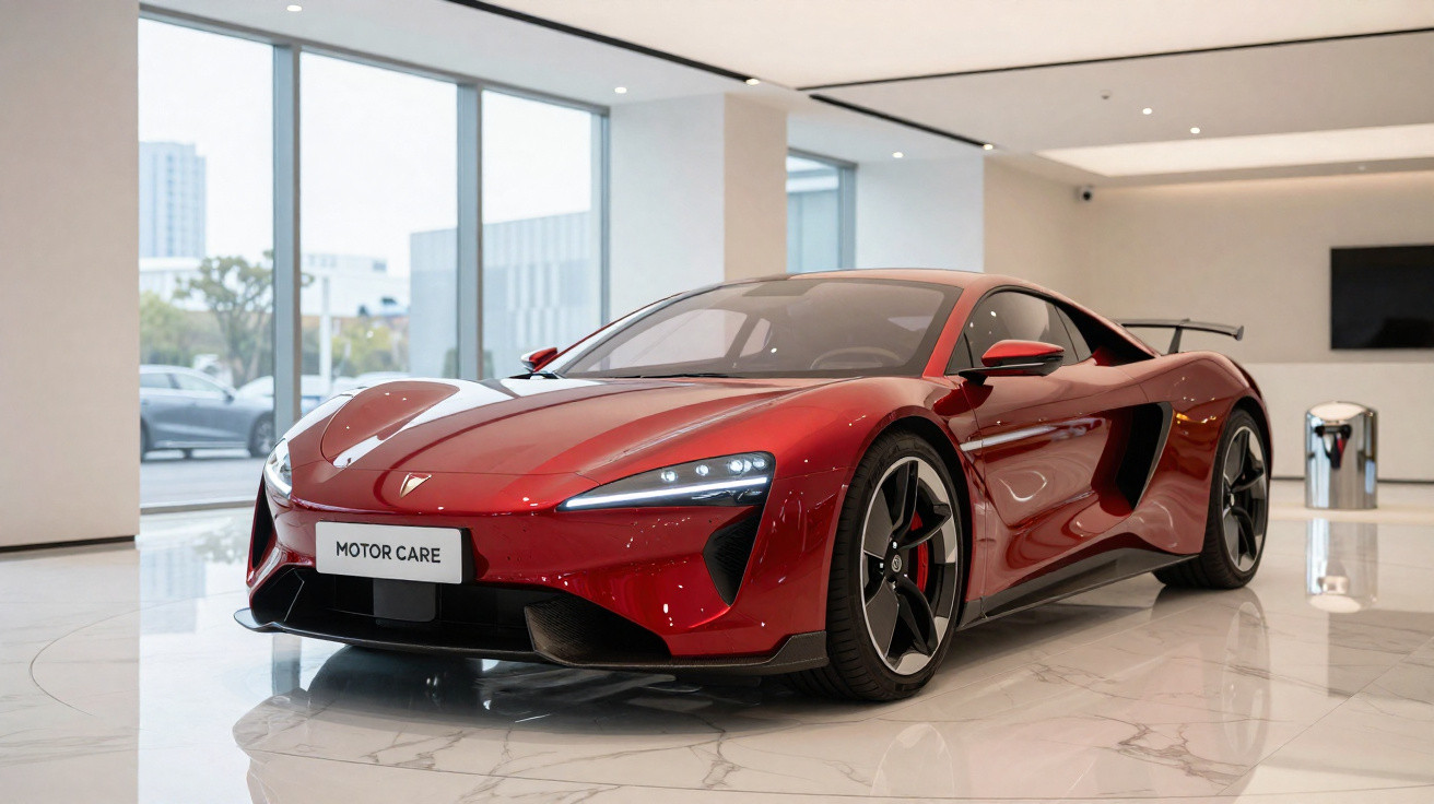 Carro desportivo vermelho com design aerodinâmico exposto numa sala de showroom moderna.