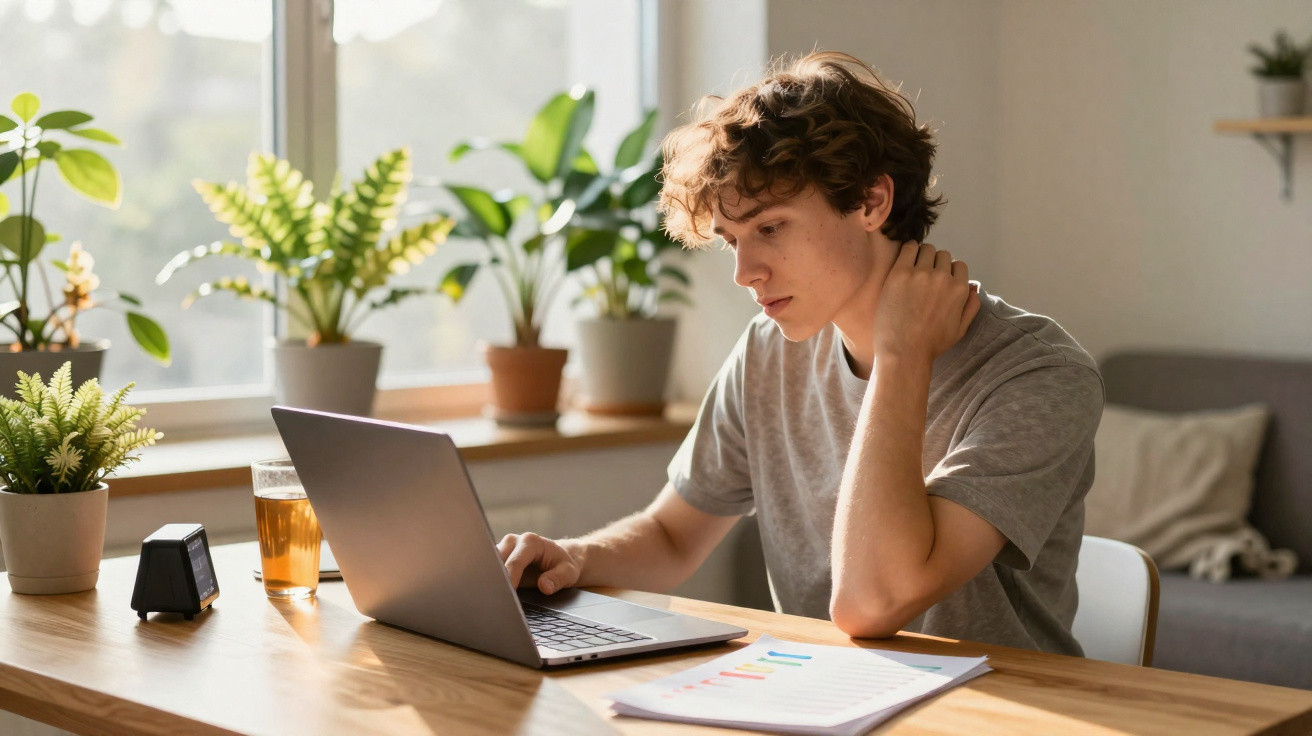 Jovem concentrado a usar laptop numa mesa com plantas, copo de bebida e gráficos, em ambiente luminoso.