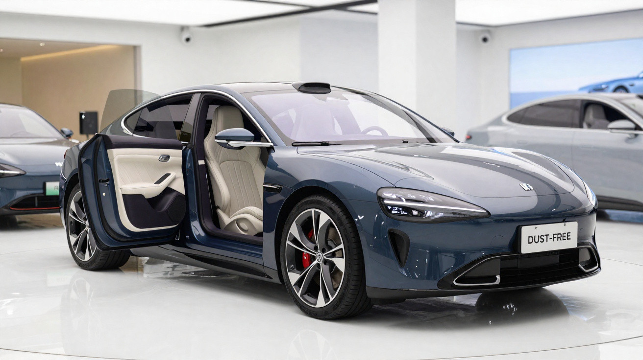 Carro elétrico desportivo azul com porta aberta, interior bege e rodas de liga leve em showroom.