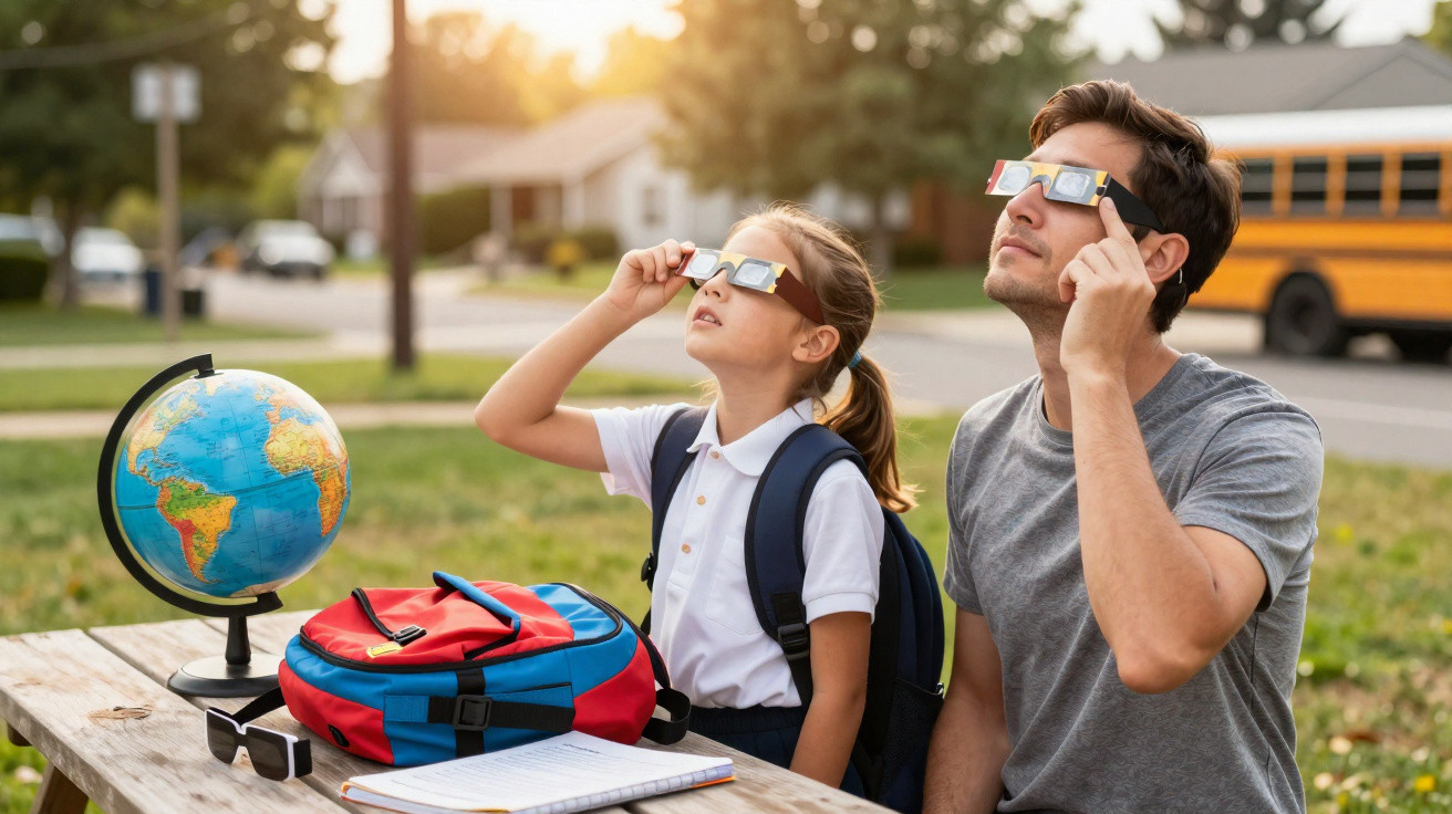 Pai e filha com óculos especiais observam o céu à luz do pôr do sol numa área suburbana.