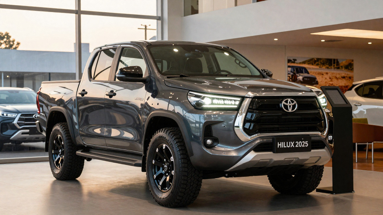 Pick-up Toyota Hilux 2025 cinza escuro exposta em showroom moderno.