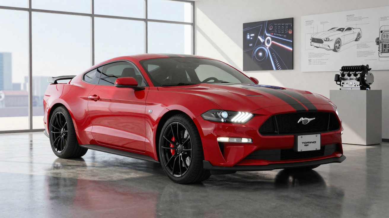 Carro desportivo vermelho com riscas pretas, em exposição numa sala com paredes de vidro e desenhos técnicos.