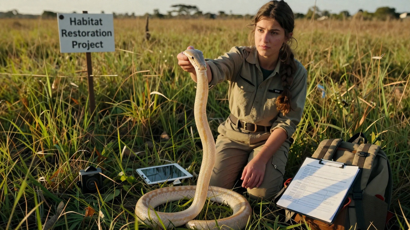 Mulher segura cobra em área de restauração de habitat com equipamento de pesquisa ao redor.