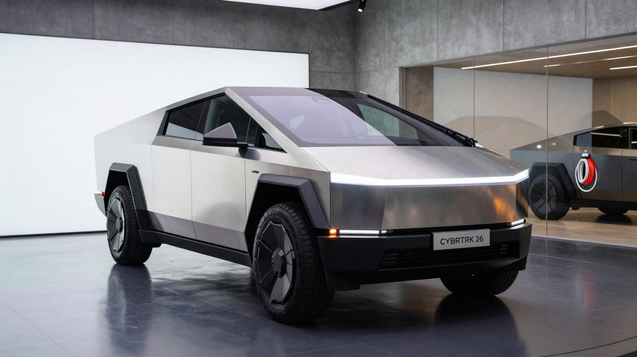 Veículo elétrico futurista Tesla Cybertruck prateado exposto em sala moderna com paredes de vidro e piso cinza.