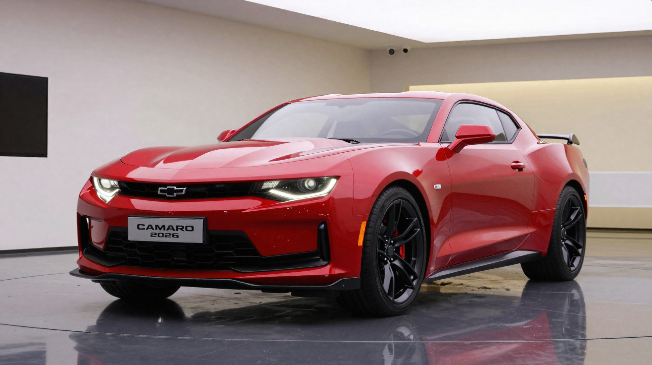 Carro desportivo vermelho Chevrolet Camaro 2026 estacionado num ambiente moderno e minimalista.