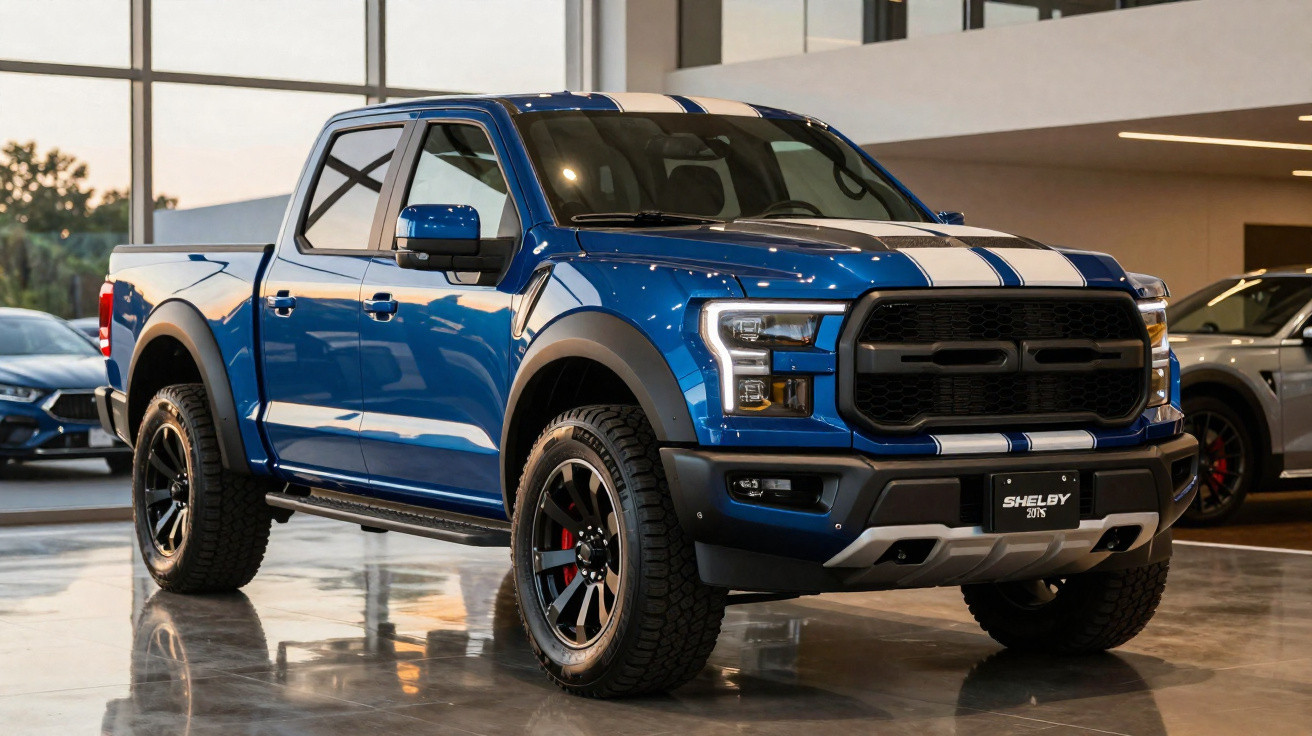 Picape azul Shelby 575 com duas riscas brancas, pneus off-road, em showroom moderno com piso espelhado.