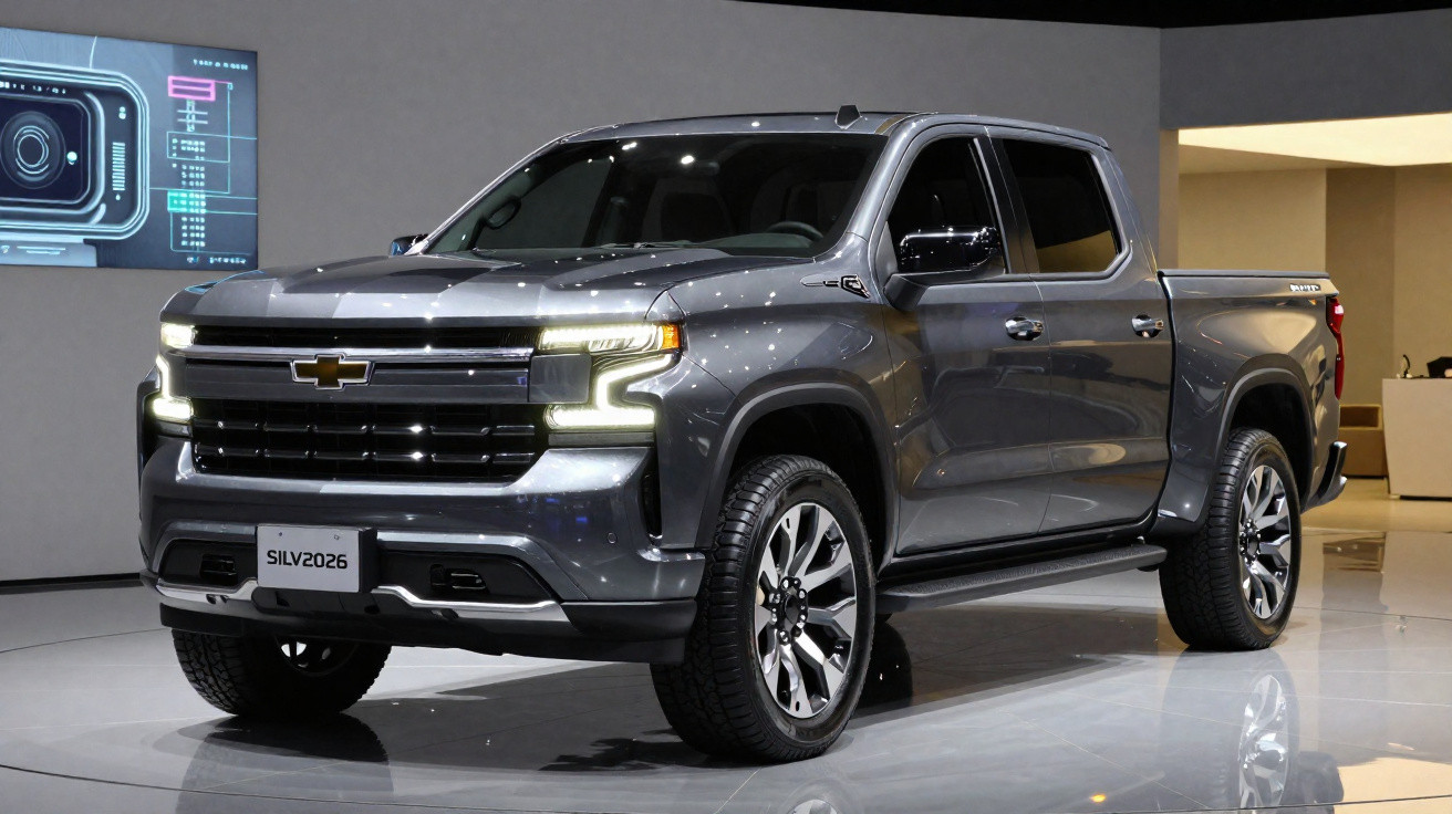 Pick-up Chevrolet Silverado 2026 cinzenta exibida em salão, com faróis acesos e design moderno.