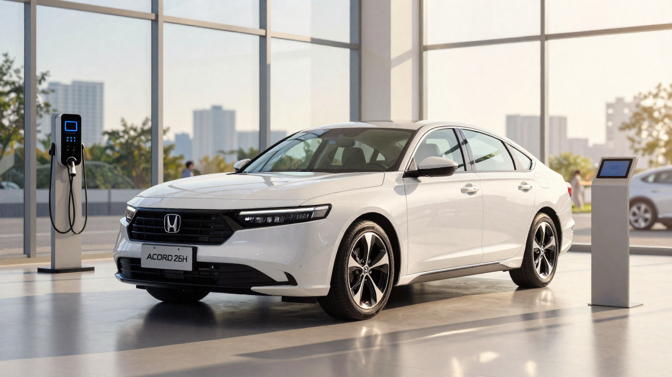 Carro elétrico branco Honda Accord 26H estacionado em showroom moderno com carregador e ecrã digital.