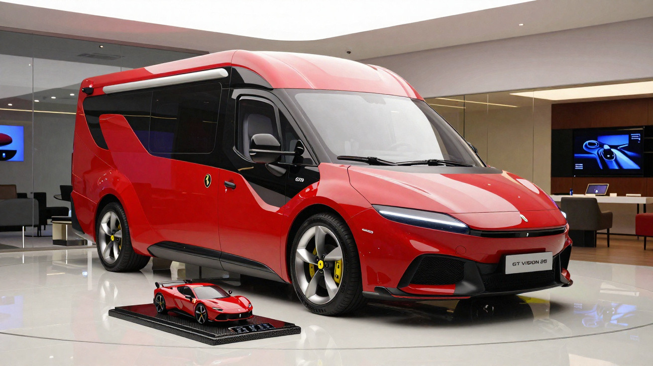Veículo elétrico vermelho futurista grande com modelo em miniatura exposto em salão moderno.