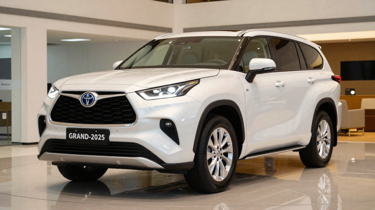 SUV branco Toyota Grand 2025 estacionado dentro de showroom moderno e iluminado.