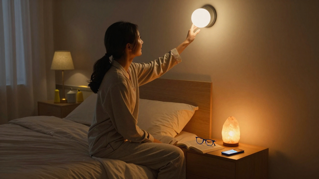 Mulher em pijama sentada na cama a acender luz de parede num quarto escuro e acolhedor.