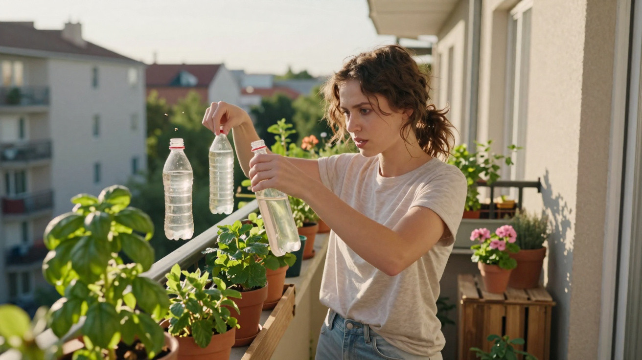 Mulher a observar garrafas plásticas com plantas em vasos num terraço ensolarado.