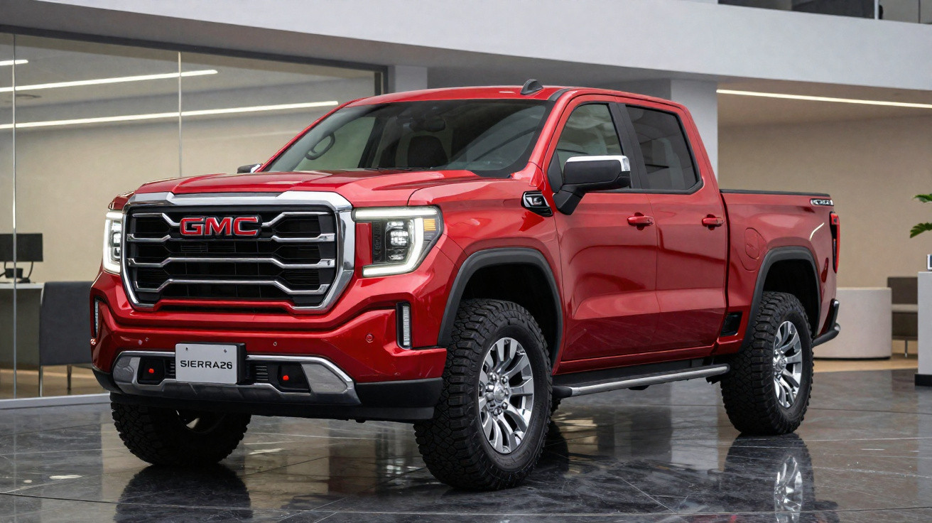 Picape vermelha GMC Sierra 2023 com quatro portas estacionada em piso refletor.